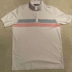 Travis Mathew Men's White Polo Shirt with Blue and Red Accents